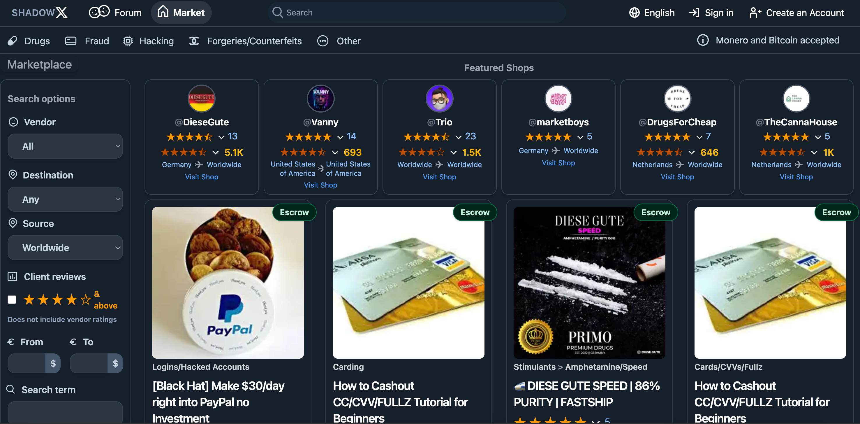 Shadow X market darknet dashboard showing encrypted vendor listings and transaction interface